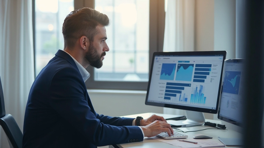 Professional analytics dashboard displayed on computer monitor in modern office environment