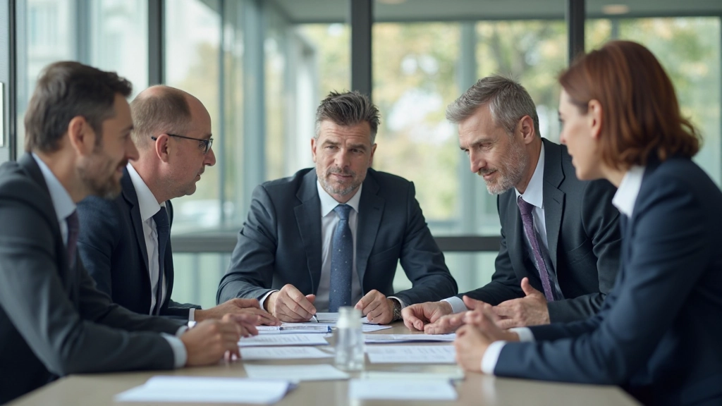 Professional negotiation meeting with diverse business team discussing contract terms