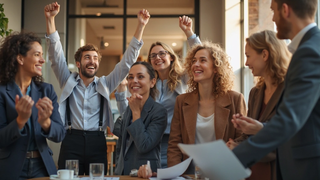 Diverse team celebrating success and milestone achievement together in workplace