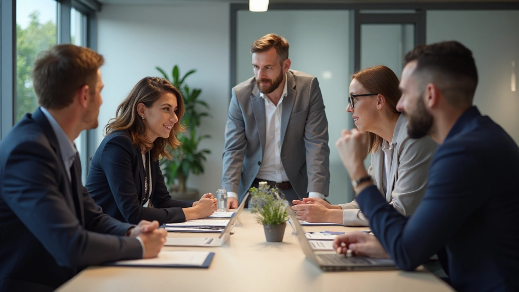 Team of professionals collaborating on business solutions during interactive consulting workshop training