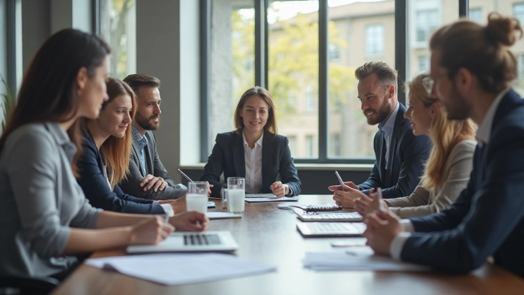 Team of professionals collaborating during business workshop in conference room