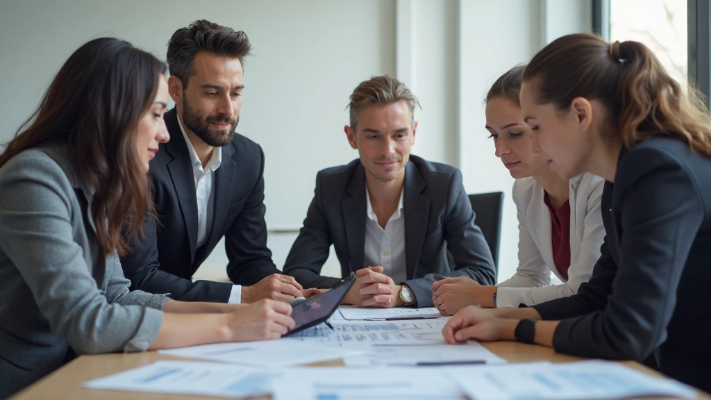 Team of professionals collaborating around a table with performance charts and reports