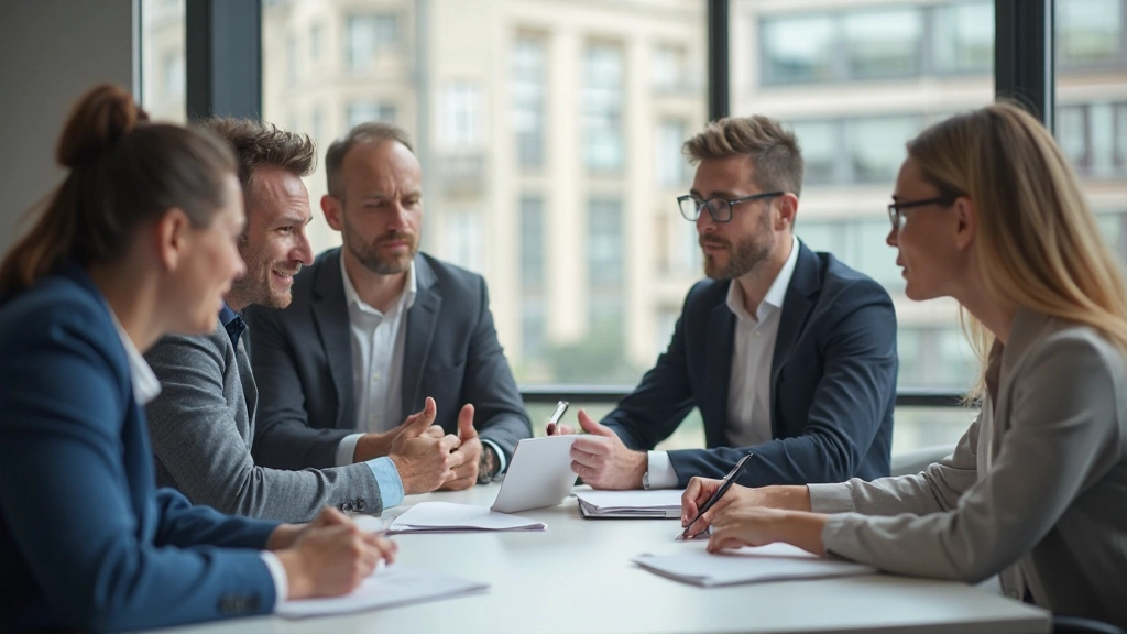 Professional change management team collaborating during organizational transformation workshop