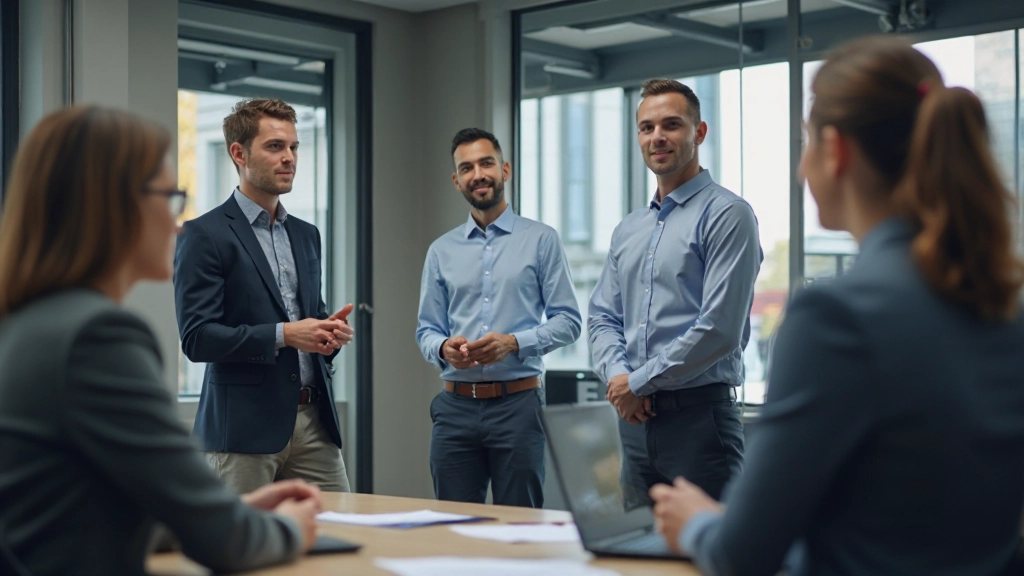 Organization leaders presenting change management strategy during company meeting