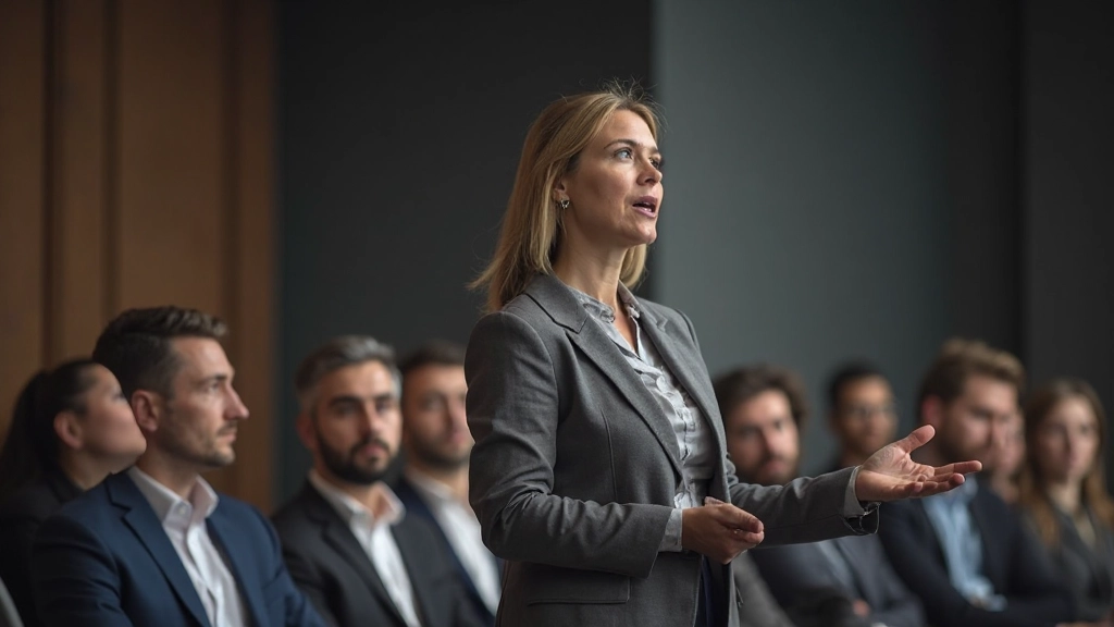 Change management facilitator addressing employee concerns during organizational transformation town hall meeting