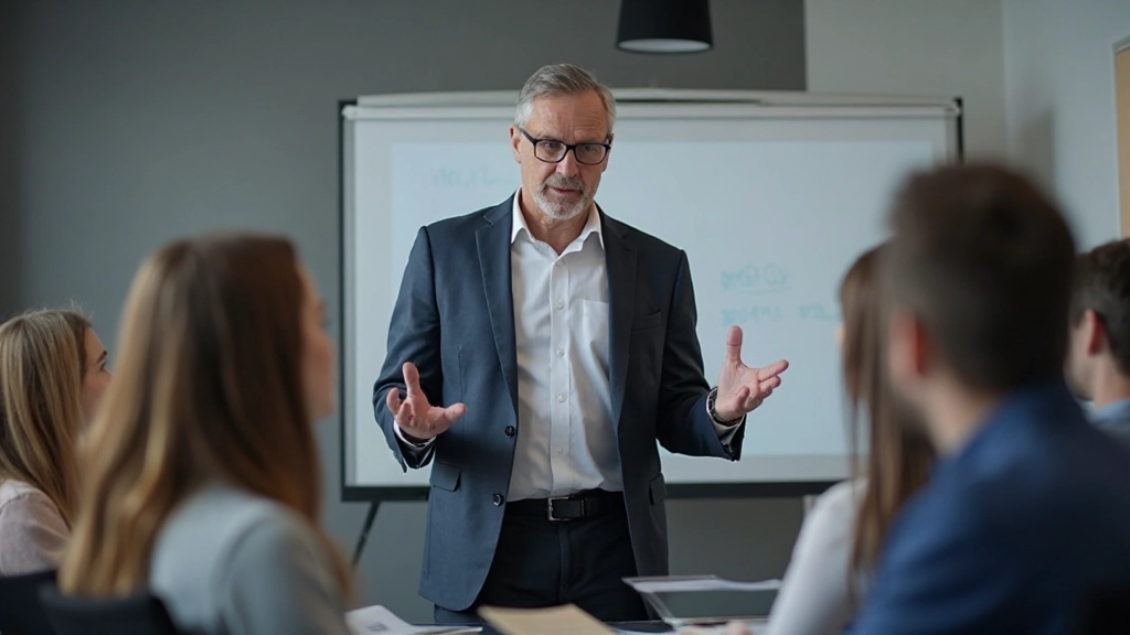 Successful team leader presenting insights to engaged team members in professional setting