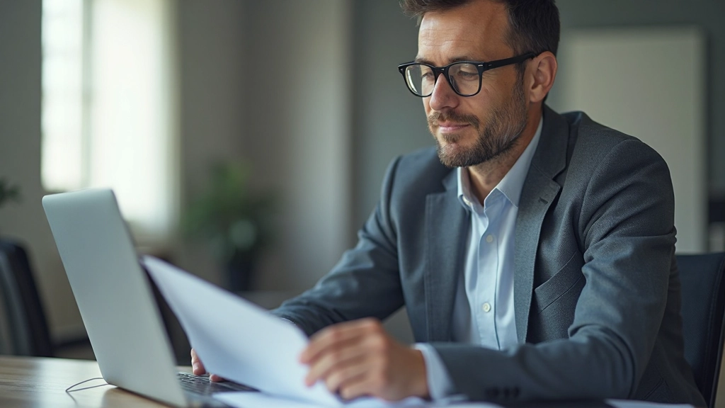 Executive analyzing market data and strategic options in office environment