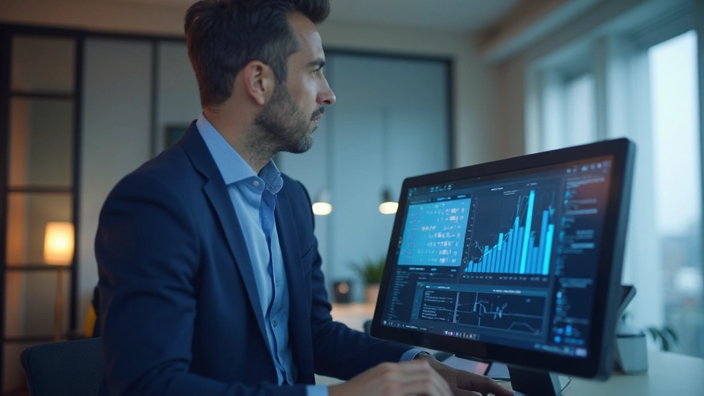 Strategic leader reviewing business analytics dashboard on digital display
