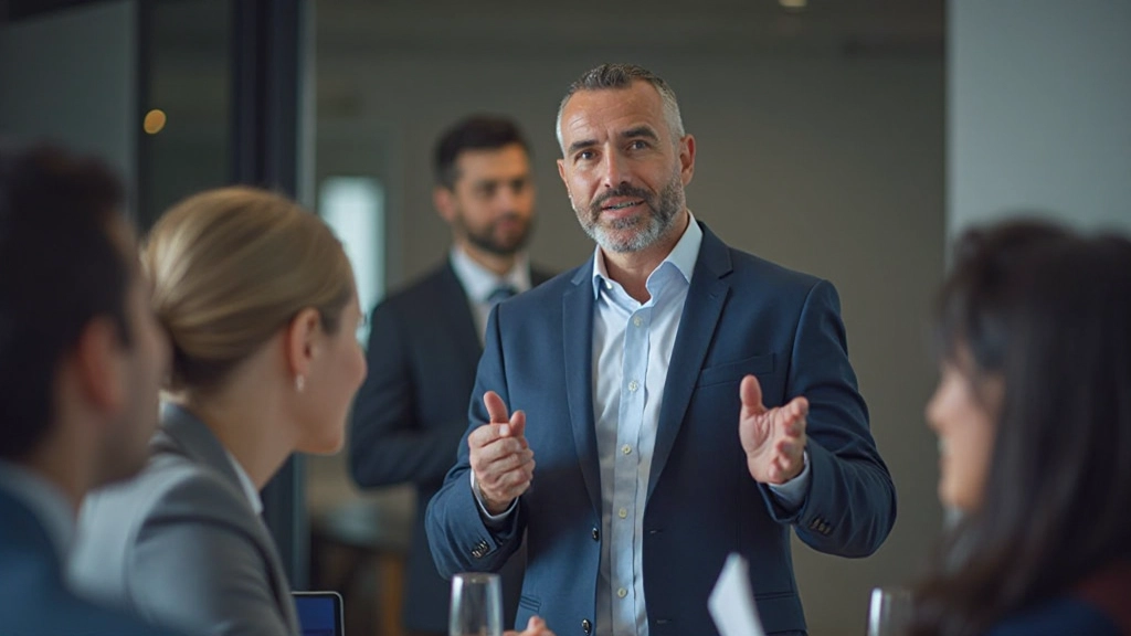 Business leader presenting organizational transformation strategy to engaged employees in modern office setting