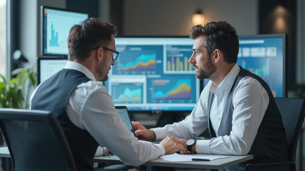 Manager reviewing performance reports on multiple computer screens at workspace desk