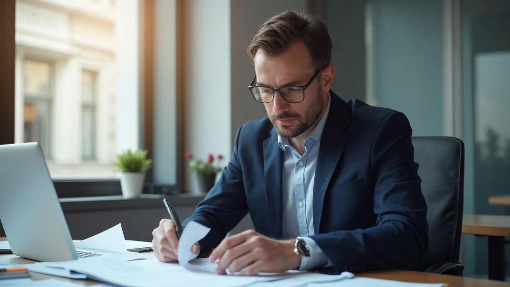 Professional business consultant reviewing strategy documents at modern desk