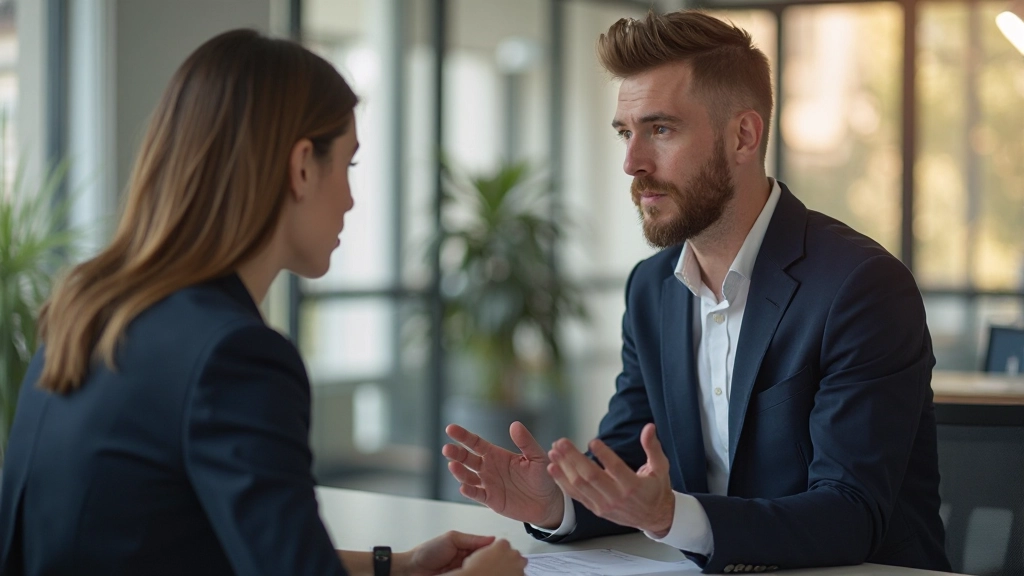 Manager providing constructive feedback to team member in professional office setting
