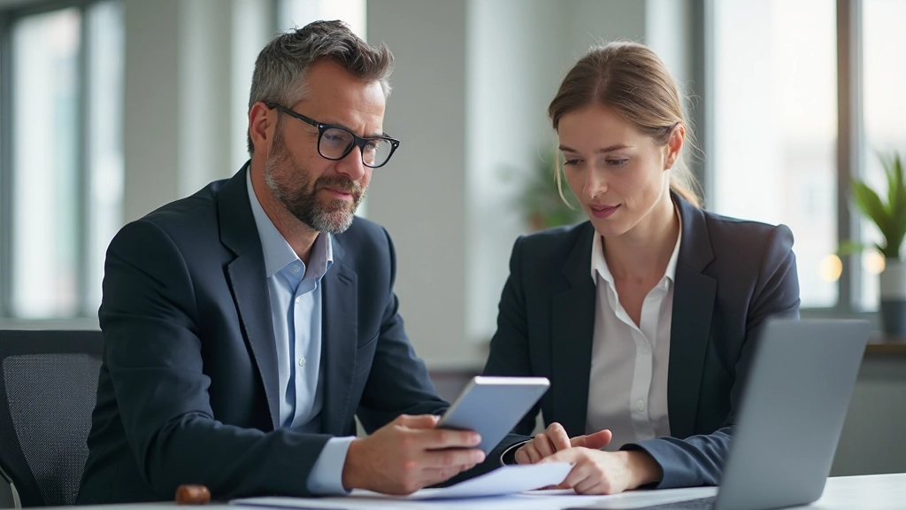 Manager and team member discussing performance metrics and development goals in office