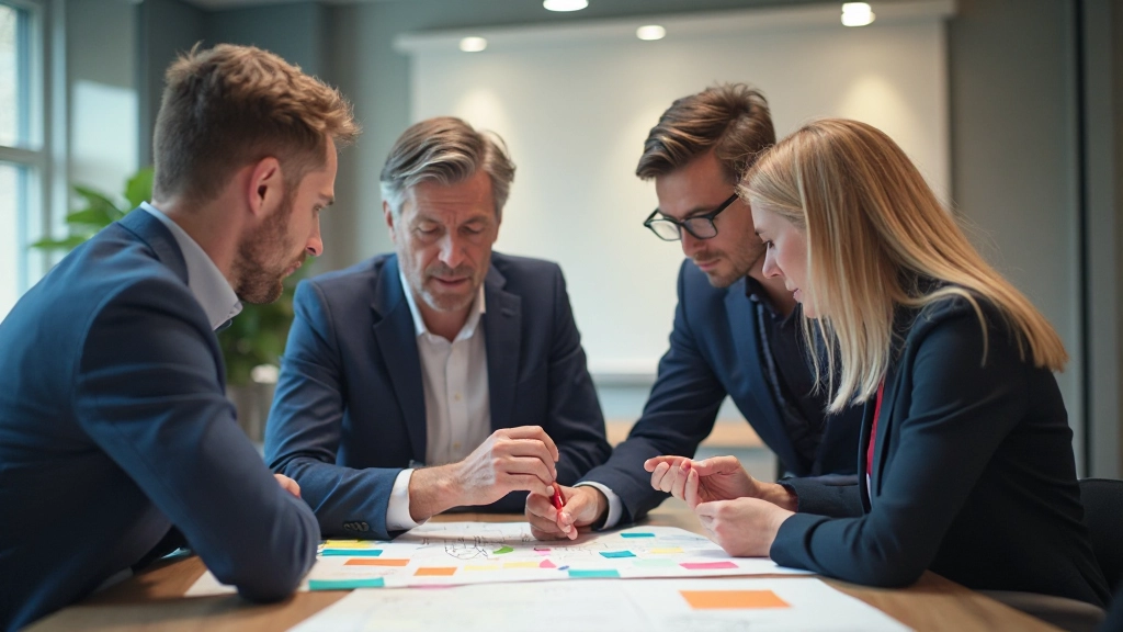 Team members engaged in structured problem-solving workshop with visual collaboration tools