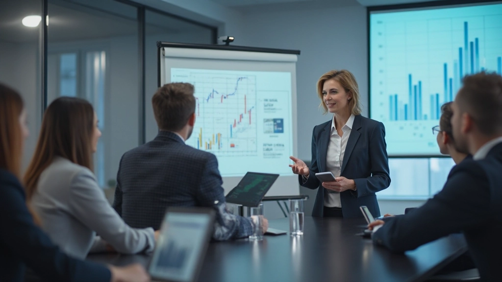 Person presenting performance metrics on projection screen to audience in conference setting