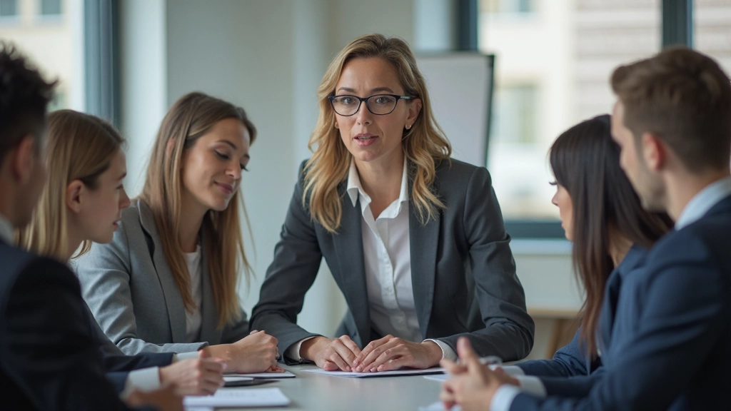 Professional conducting strategic planning session with team members in modern office